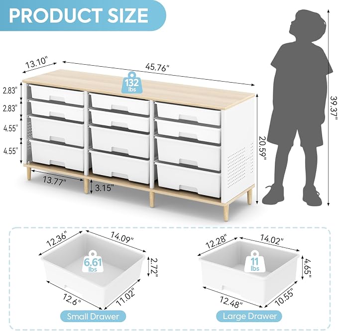 TOOLF 12 Drawers Storage Cabinet with Wooden Top and Plastic Bins, White | Toy Shelf Storage Chest Cubby Organizer, for Home, Office, Playroom, Classroom & Craft Room - Image 3