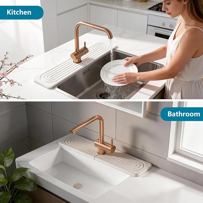 Diatomite Stone Faucet Mat for Kitchen Sink,15.8 x 3.9 Inch | Sink Protectors for Kitchen Sink, Fast Drying Sink Splash Guard Pad, Water Absorbing Stone Drying Tray for Kitchen Bathroom - Image 3