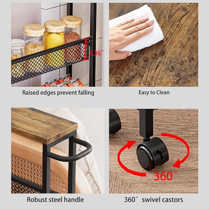 Slim Rolling Cart 4 Tier Narrow Storage Cart on Wheels with Handle | Lockable Wheels, Wood Top Panel, Metal Frame Utility Carts for Kitchen, Dining, Living, Home Office, Laundry Room - Image 6