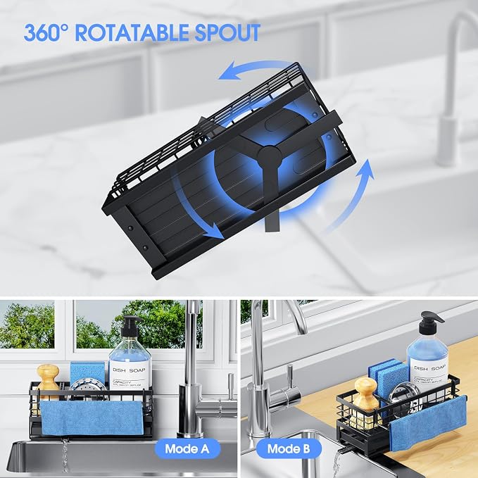 Metal Kitchen Sink Sponge Holder, Countertop Sink Caddy, Black | Rustproof Kitchen Caddy Sink Organizer, Non-Slip Sponge Caddy with 360° Self-Draining Tray, Detachable Dish Cloth Holder - Image 4