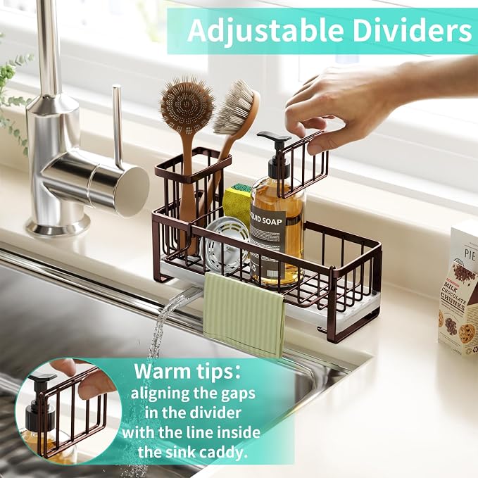 HapiRm Sponge Holder for Kitchen Sink - Self-draining Sink Caddy with Brush and Dishcloth Holders, Stainless Steel Kitchen Organizer for Countertop - Bronze - Image 4