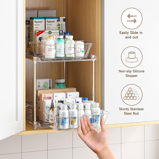 4-Pack 2-Tier Under Sink Organizer with Pull Out Drawers | Multi-use kitchen & bathroom storage. Includes hanging hooks and cups. transparent, space-saving cabinet design. 11.2 Inch - Image 4