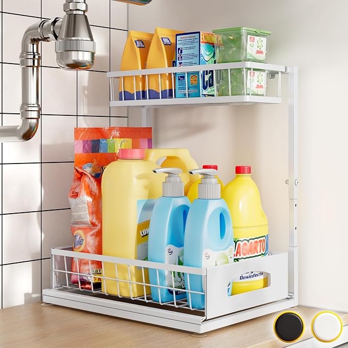 Under Sink Organizer, 1-Pack L-Shaped Metal Pull-Out Drawers for Kitchen | Cabinet Organizer Height Adjustable Heavy Duty Metal 2-Tier Storage Fits Beside Common Pipes for Bathroom Pantry - Image 9