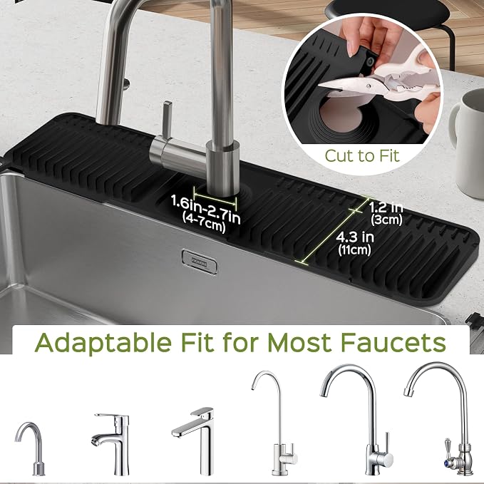 24 Inch Silicone Faucet Mat for Kitchen Sink Splash Guard – Upgraded Draining Mat with Water Tray Behind Faucet – Countertop Protectors to Catch Spills (Black, 24" x 5.5" ) - Image 7