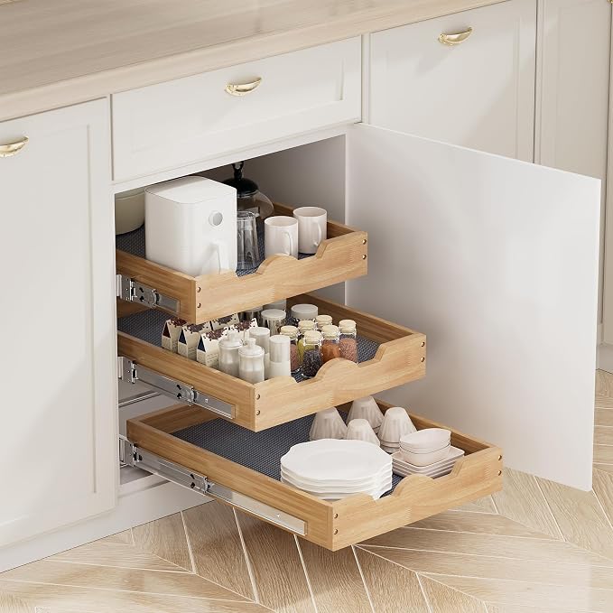 DINDON 3 Tier Pull Out Cabinet Organizer 17”W X21”D Slide Out Shelves With Shelf Liner for Kitchen Wood Roll Out Drawers Pantry Organization - Image 4