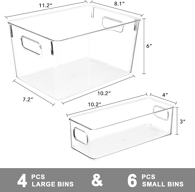 Tiawudi Set of 10 Clear Plastic Storage Bins, 4 Large and 6 Small Stackable Storage Containers for Pantry Organization, Organizer Bins for Home, Kitchen, Bathroom, Office, Cabinet Shelf Organizers - Image 2