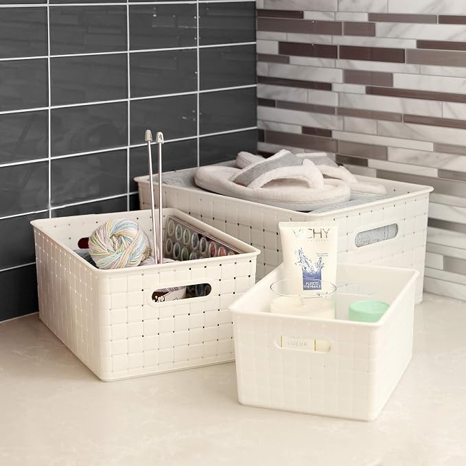 BINO | Plastic Basket, Large - White | 3 Pack | THE STABLE COLLECTION | Multi-Use Storage Basket | Rectangular Cabinet Organizer | Baskets for Organizing with Handles | Home & Office Storage Organizer - Image 4