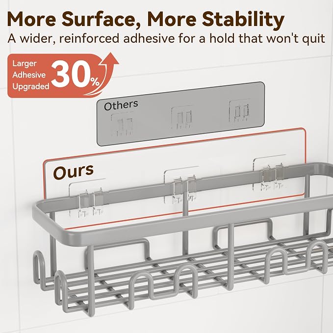 Shower Caddy Adhesive, Rustproof Shower Organizer, Wall Shower Rack | Large Capacity Shower Shelves for Inside Shower, Shampoo Shower Holder, Grey, 2 Caddies, 2 Soap Dishes, 1 Toothbrush Holder - Image 3