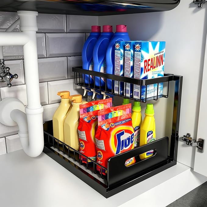 Under Sink Organizer, L-Shaped Pull Out Cabinet Organizer, Kitchen | 2 Tier Metal Slide Out Shelf for Kitchen, Bathroom, Laundry, and Utility Cabinet Storage for Deep Cabinets, Black, 1 Pack by REALINN