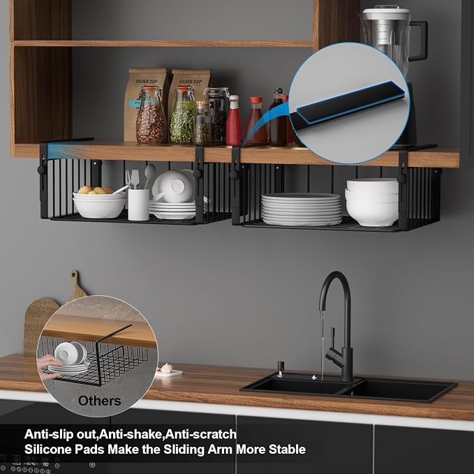 AmonHouseware 2Pack Under Shelf Storage Basket Organizer, Black | Adjustable Hanging,Under Cabinet Add-on, Slide-in Baskets, for Laundry Room Kitchen Pantry Desk Bookshelf Counter Cupboard - Image 5