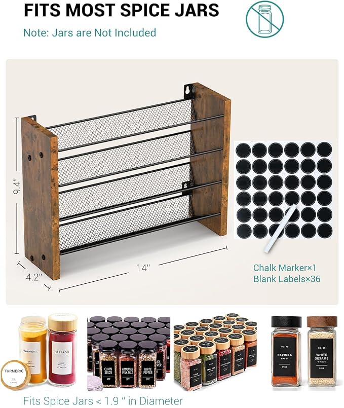 Spice Rack Organizer for Cabinet, Seasoning Organizer Wall Mount Countertop | Holds 28 Standard 4 oz Jars, Fits Bottle Under 1.8 in Wide, Kitchen Countertop Shelf, No Jars Included, 14"W x 9.4"H, Brown - Image 2