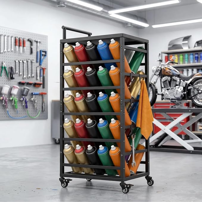 Sidasu Spray Can Organizer,Rolling Cart Garage Spray Paint Storage Rack | 50-Can Capacity, Double-Sided Storage, Locking Casters, Powder-Coated Steel, Tool Tray With 6 Hooks, Garage and Workshop Use - Image 7