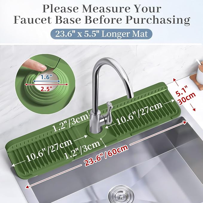 PoYang 24 Inch Faucet Mat for Kitchen Sink Splash Guard, Avocado Green | Sink Protectors with 7° Slope for Smooth Drainage, Snap Button Holds It in Place, 90° Foldable & Cuttable Hole Fit Most Sinks - Image 3