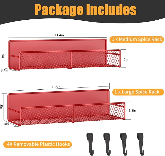 Magnetic Spice Rack for Refrigerator, 2 Pack 100% Metal Strong Magnet Shelf, Space Saving Spice Organizer W/ Hooks, Movable Magnetic Fridge Shelf, Kitchen Home Laundry Room Storage Organization, Red - Image 2