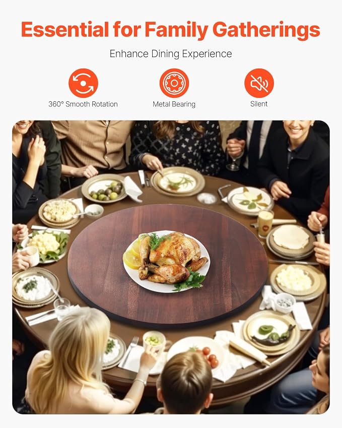 VEVOR 24 in Wood Lazy Susan Turntable, 360° Rotation Round Clear Tabletop Rotating Tray, Acacia Wood Dining Table Centerpiece, Smooth and Silent Spin, for Family Gatherings, Banquets and Weddings | For Family Gatherings, Banquets, Weddings, 360° Rotati... - Image 2