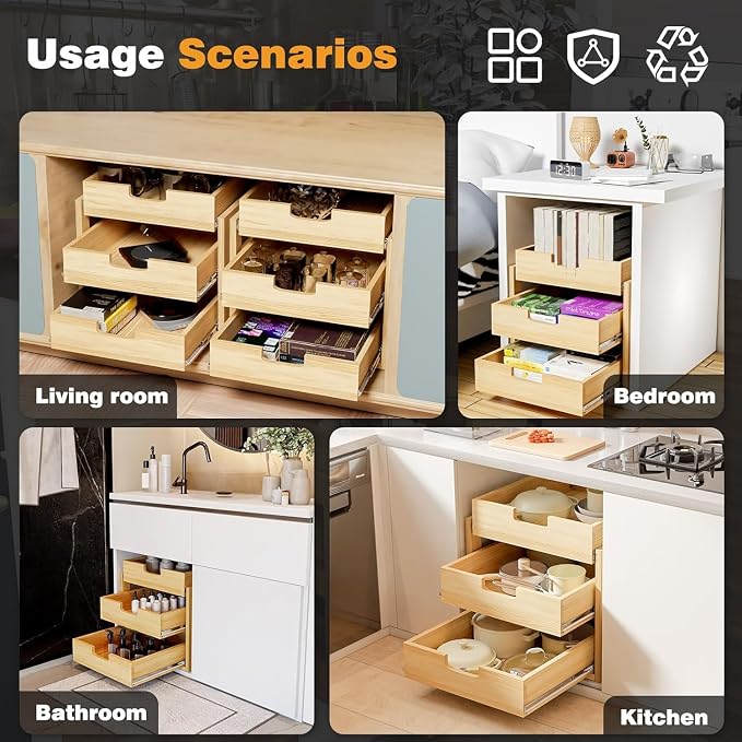 Pull Out Cabinet Organizer, 14''W×21''D Sliding Drawers for Cabinets, 3 Tier Soft Close Slide Out Wooden Pull out Drawers, Base Cabinet Organization for Kitchen, Pantry, Bathroom. - Image 7