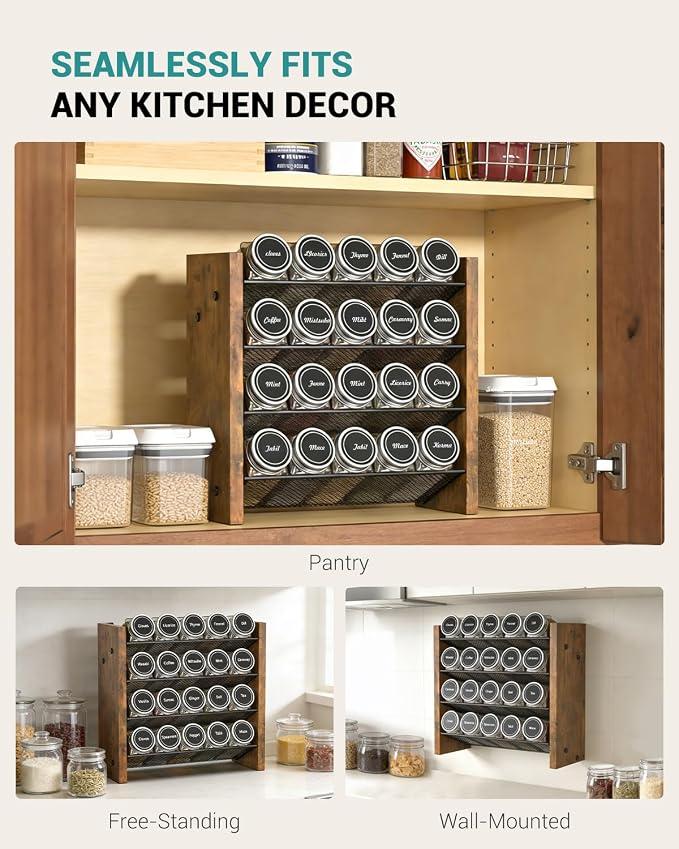 Spice Rack Organizer with 20 Glass Jars, for Cabinet Wall Mount Countertop | 4-Tier Seasoning Organizer with Labels, Chalk Marker & Funnel for Pantry, Kitchen Storage, Wood, 10.3 in W x 9.4 in H - Image 7
