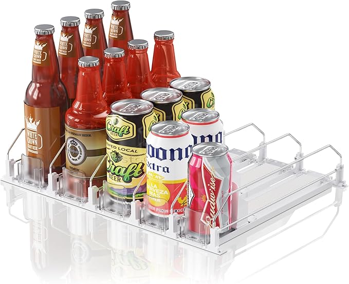 Drink Organizer for Mini Fridge (Fits Depth ≥ 12.2"), 12oz 16oz 20oz Soda Can Dispenser, Width Adjustable Automatic Pusher Glide, 12.2" D 5ROW Holds 20 Cans, White by LOVEFORBETTERLIFE