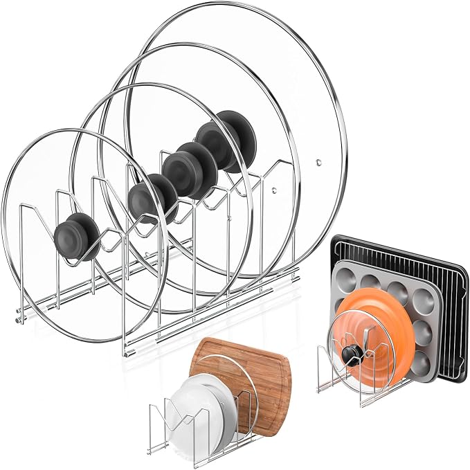 HzTinT 3 Pack Pot Lid Organizer, Holds 15 Lids, Plate & Cutting Board Rack | with Stainless Steel Build and Anti-Slip Pads, Lid Organizer for Cabinets, Drawers and Countertops, Silver by HzTinT