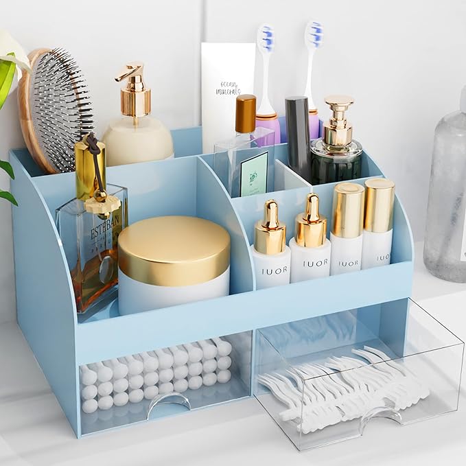 Makeup Organizer with Drawers, Cosmetic Storage for Dresser Vanity and Bathroom Countertop, Beauty Holder for Lipstick Brush, Skincare Organizer for Vanity, Cosmetic Display Case (Blue) by COMFYROOM