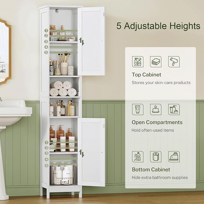 67" Tall Bathroom Cabinet with Adjustable Shelves and Doors, Narrow Bathroom Storage Cabinet for Small Space, Living Room, Entryway, Kitchen, White - Image 6