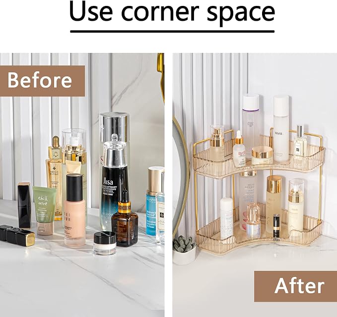 2-Tier Corner Bathroom Counter Organizer – Classic Storage Shelf for Makeup, Perfume & Toiletries, Space-Saving Countertop Tray Fits Bathroom, Dresser, Kitchen (Vintage Gold) - Image 5