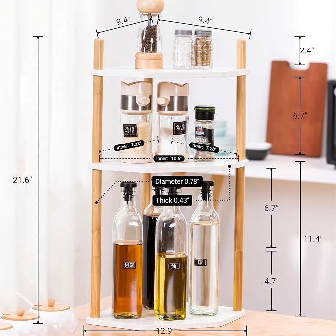 3-Tier Extra Tall Bamboo Corner Shelf, Kitchen Countertop Wine Bottle Organizer, Corner Counter Storage Rack for Pantry, Spice & Wine Organizers and Storage - Image 5