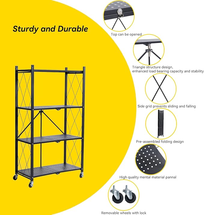 BRIAN & DANY 4-Tier Foldable Storage Shelves with Wheels, Folding Metal Rack Shelving Unit, Heavy Duty No Assembly Organizer Shelf for Garage, Kitchen, Basement, Pantry, Black - Image 4