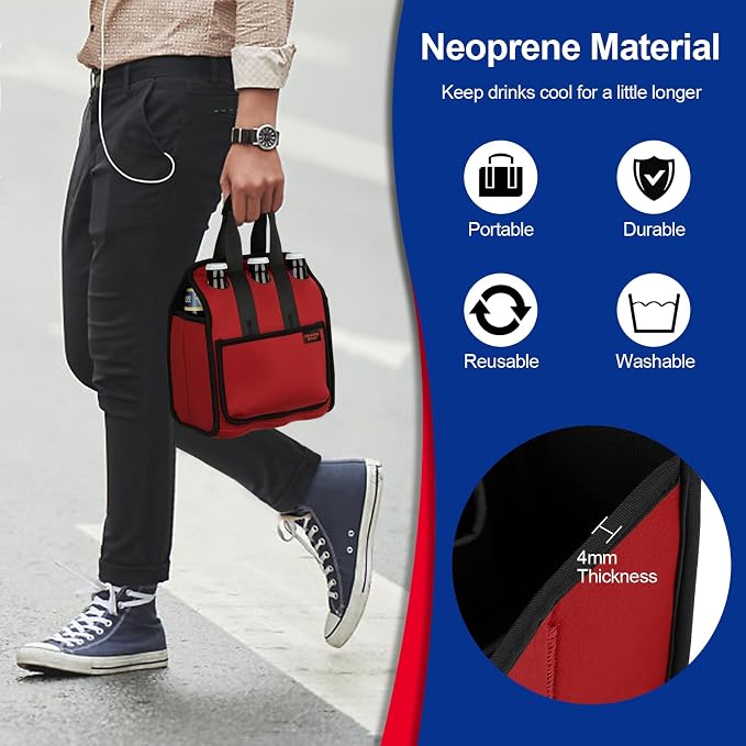 Portable Drinks Tote Bag for 6 PCS Beverage Cans/Bottles, Neoprene Insulated Drinks Can Bottle Carrier Tote Beverages Cans Cooler Bag Holder for Camping, Picnic, Party (Red) - Image 6