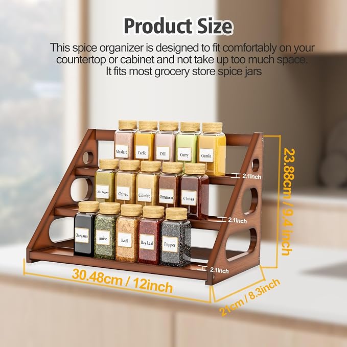 Spice Rack - Tiered Spice Rack Organization for Cabinet - 3 Tier Bamboo Display Spice Shelf for Countertop - Image 3