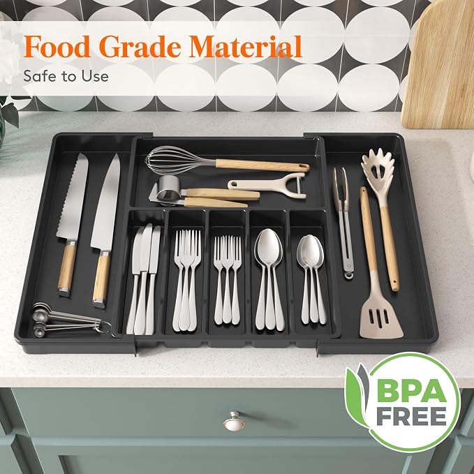Lifewit Extra Large Silverware Drawer Organizer, Expandable Utensil Tray | BPA Free Flatware Cutlery Holder for Kitchen, Adjustable Plastic Storage for Spoons Forks Knives, 15- 27 x 18.5", Black - Image 8