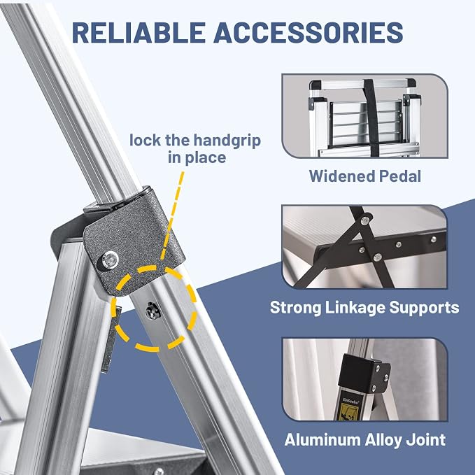 3 Step Ladder, Aluminum Folding Stool with Retractable Handgrip | 330 lbs Heavy Duty | 9.5lbs Lightweight | Removable Tool Tray | Non-Slip Pedals | Slim 2.5" Fold for Kitchen, Closet & Garage - Image 5