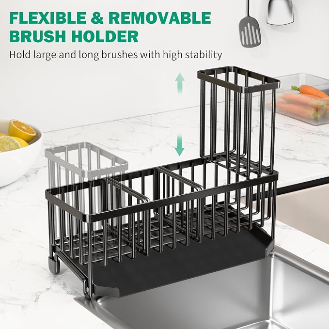 TomCare Kitchen Sink Caddy, 11-Inch Sponge Holder with Drain Tray | 2 Adjustable Dividers and Tall Brush Holder Create Flexible Storage for Sponges and Kitchen Counter Accessories - Image 5