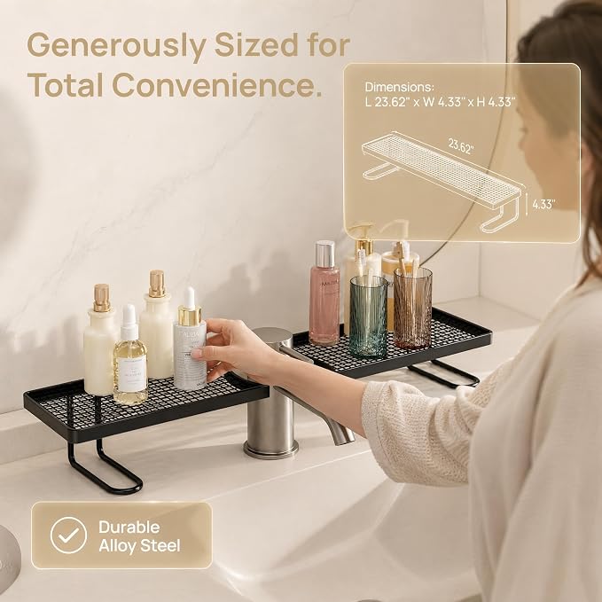 No-Drill Over Sink Organizer Rack, Freestanding Carbon Steel Faucet Storage Caddy, Tool-Free Bathroom Countertop Shelf, Space-Saving Sink Organizer with Quick Drainage (Black) - Image 4
