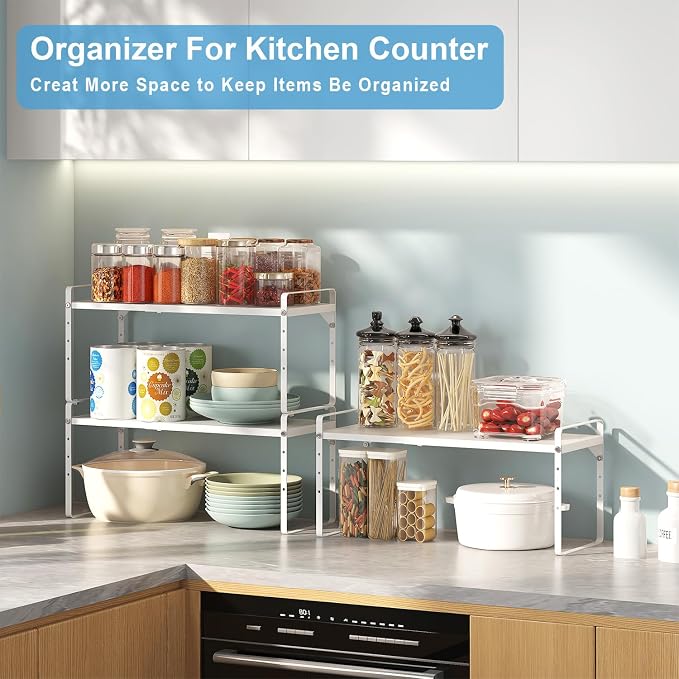 15.5 to 25.5 Inch Expandable Kitchen Cabinet Organizer Shelf, 30 LBS Heavy Duty Stackable Kitchen Counter Storage Shelves Organizers, 2 Pack Adjustable Small Storage Shelf Rack For Cabinet Cupboard - Image 5
