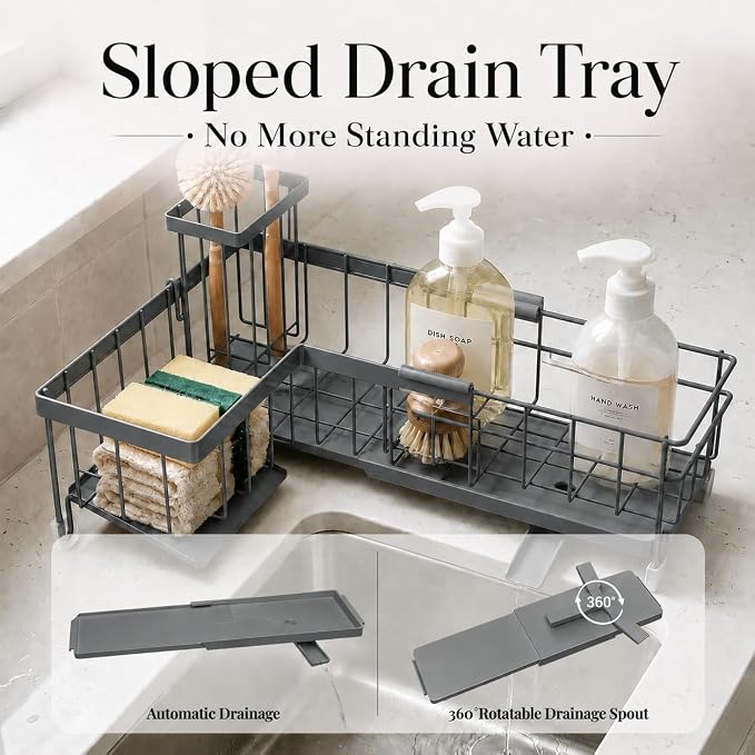 Extendable Corner Sink Sponge Holder, Quick-Drain Caddy for Kitchen Sink, Grey - Image 3