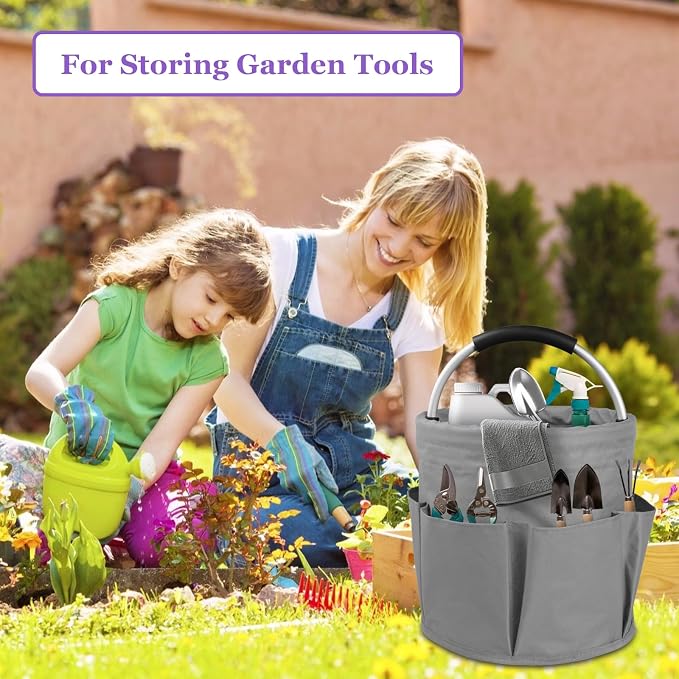 2Pack 17L Foldable Cleaning Supply Caddy with Handle, Portable Bucket Tool Organizer, Garden Tool Bag in 600D Oxford Fabric, Folding Storage Basket for Outdoor, Bathroom, Black + Dark Gray - Image 7