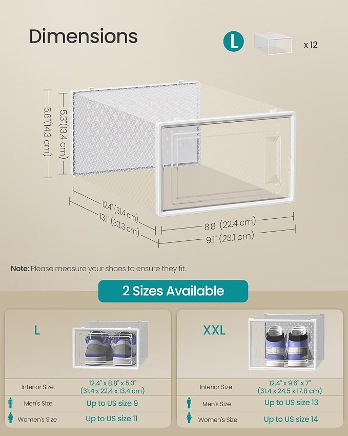 SONGMICS Shoe Boxes, Pack of 12 Shoe Storage Organizers, Stackable Clear Plastic Boxes for Closet, Sneakers, 13.1 x 9.1 x 5.6 Inches, Transparent and White ULSP12SWT - Image 5