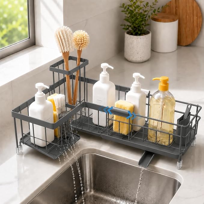 Extendable Corner Sink Sponge Holder, Quick-Drain Caddy for Kitchen Sink, Grey by Unknown