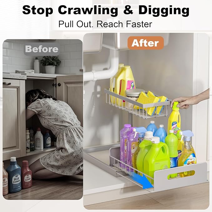 Under Sink Organizer, Pull Out Cabinet Organizer 2 Tier | Slide Out Sink Shelf Cabinet Storage Shelves, Under Sink Storage for Kitchen Bathroom Cabinet, Grey, 1 Pack - Image 5