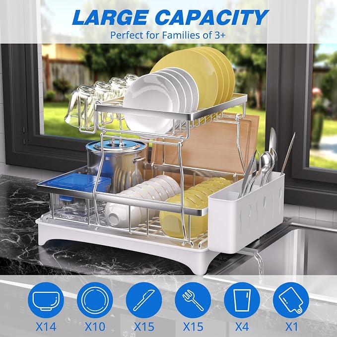 2-Tier Dish Drying Rack - 304 Stainless Steel Dish Rack Auto Drain | Dish Racks for Kitchen Counter, Dish Drainer with Knife Fork & Cup Rack, Gifts for Women, Mothers Day, Kitchen Gadget, Silver - Image 3