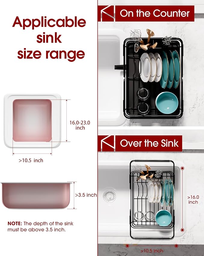 Sakugi Dish Drying Rack in Sink - Expandable Stainless Steel Dish Rack Over The Sink, Kitchen Sink Drain Strainer with Cutlery Holder & Cup Holders, 15.2 x 10.0 x 4.2 Inch, Black - Image 6