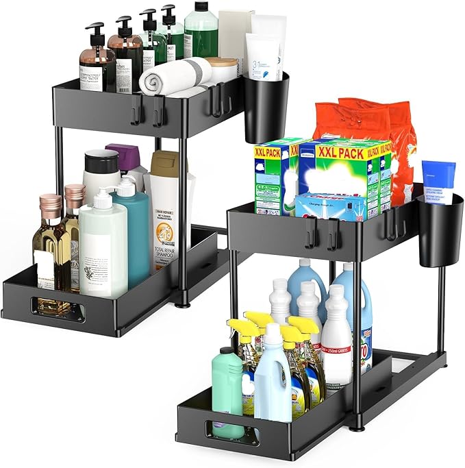 2 Pack Under Sink Organizer with Pull-Out Drawer, Black | 2-Tier Cabinet Storage, Kitchen & Bathroom, Tool-Free Assembly, Fits Cleaning Supplies & Toiletries, Space Saving by FJFEOIYE