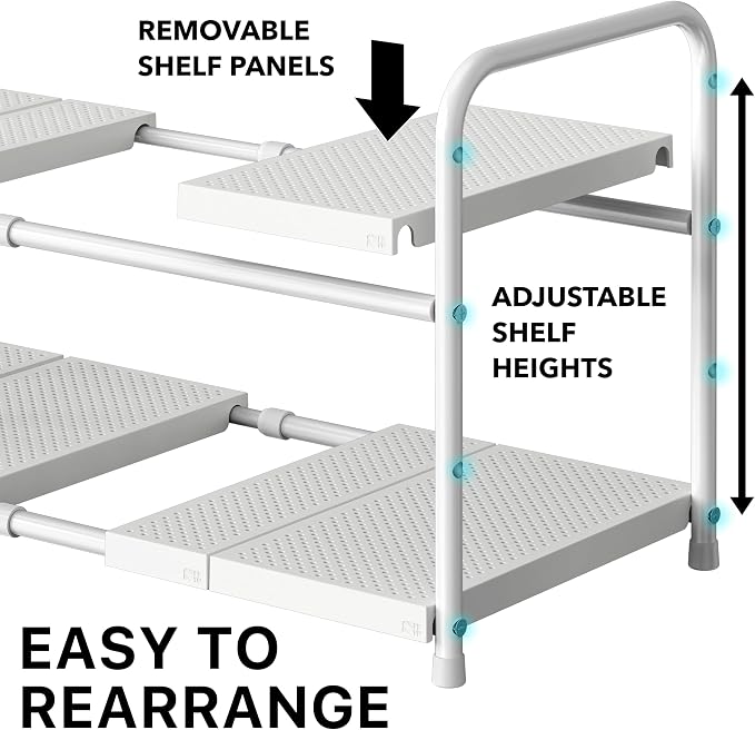 Simple Houseware Under Sink 2-Tier Heavy Duty Expandable Organizer, White | Adjustable Width 15.75–25 Inches with 4 Shelf Height Levels - Image 4