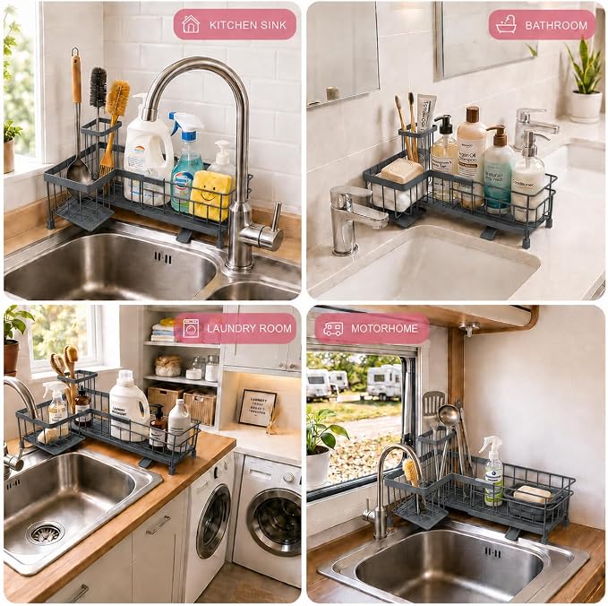 Extendable Corner Sink Sponge Holder, Quick-Drain Caddy for Kitchen Sink, Grey - Image 6