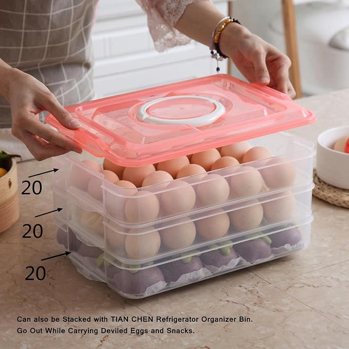 Egg Storage Container for Refrigerator, 3-Layer Deviled Egg Tray, Stackable Fridge Egg Organizer with Lid and Handle, Extra Large Holder, 60 Count Eggs Keeper(blue 3 layer) | 3-Layer, 60 eggs, Stackable Storage Holder with Handle for Refrigerator for C... - Image 2