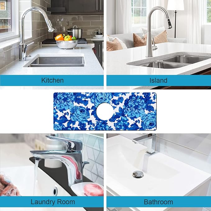 Kitchen Sink Splash Guard Faucet Mat Super Absorbent Fast Drying Mat Sink Gadgets Splash Guard Behind Faucet Drip Catcher for Kitchen (Blue Flowers, 15x5.5in) - Image 5