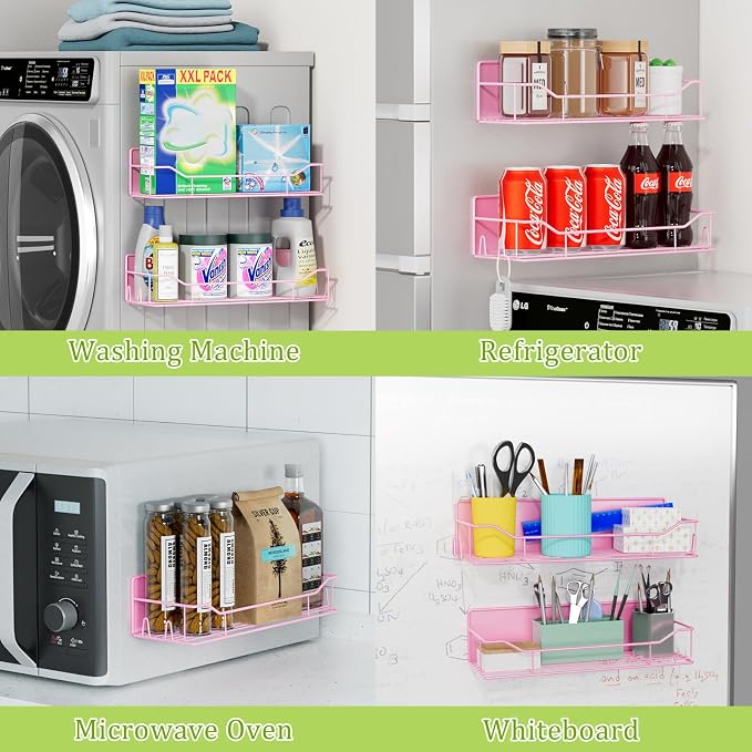 Magnetic Spice Rack for Refrigerator, 9 Pack Magnetic Fridge Shelves W/Adjustable Paper Towel Holder, Hook Rack, Moveable Spice Organizer Shelf for Kitchen Organization and Storage (Pink) - Image 7