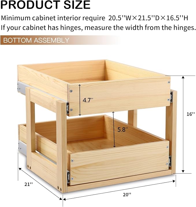 Pull Out Cabinet Organizer 20''W×21''D×16''H Soft Close Slide Out Wood Drawer Shelves for Kitchen, Finished, Bottom Assembly(Cabniet Require Opening >20.5'', Depth>21.5'', Height>16.5'') | Soft Close Wood Kitchen Pullout Drawers for Cabinets Shelves fo... - Image 3