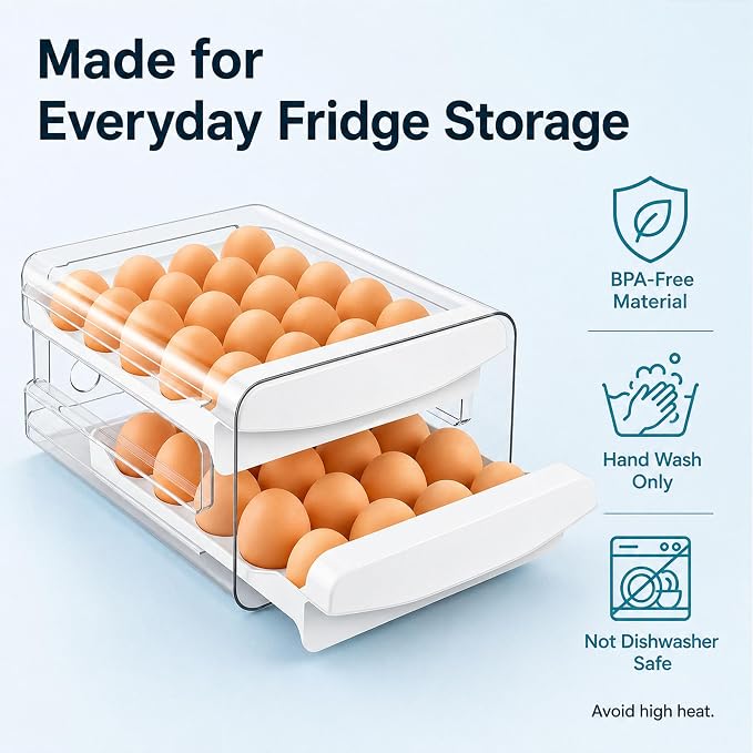 Egg Holder for Fridge, 40-Egg Refrigerator Organizer with Drawers | Egg Storage for Refrigerator, Clear Egg Container, 2-Tier Egg Tray for Fridge, Stackable Lid, BPA-free PET and PP, Hand Wash. - Image 8